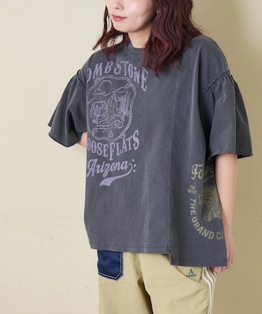 20/-OE天竺 ピグメント染 リメイク風 ギャザースリーブ プルオーバー