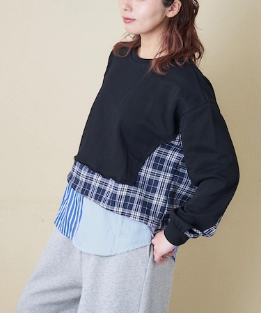 ミニ裏毛 スウェット × チェック 切替 プルオーバー