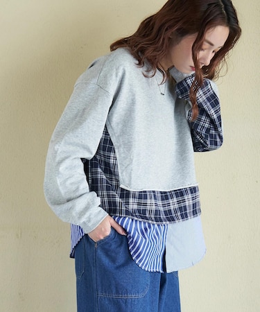 ミニ裏毛 スウェット × チェック 切替 プルオーバー