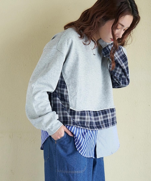 ミニ裏毛 スウェット × チェック 切替 プルオーバー