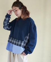 ミニ裏毛 スウェット × チェック 切替 プルオーバー