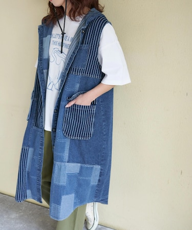 デニム クレイジー 切替 フード付 ワンピース