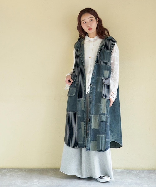 デニム クレイジー 切替 フード付 ワンピース｜キューブシュガーの通販