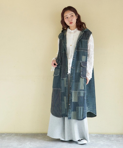 デニム クレイジー 切替 フード付 ワンピース