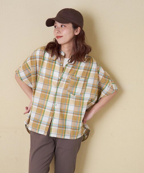 インド 先染め チェック ギャザー ビッグ シャツ