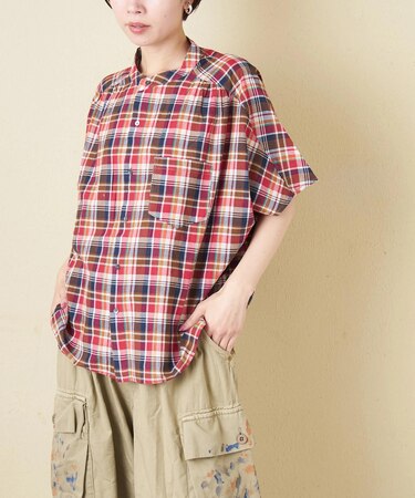 インド 先染め チェック ギャザー ビッグ シャツ