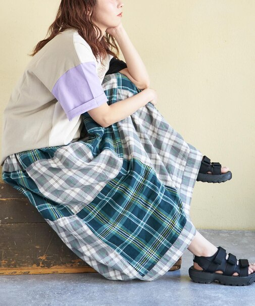 インド 先染め チェック パッチワーク ギャザースカート