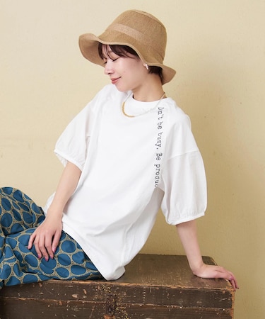 26/-天竺 × 布帛 パフスリーブ 6分袖 プルオーバー