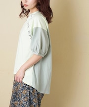 26/-天竺 × 布帛 パフスリーブ 6分袖 プルオーバー