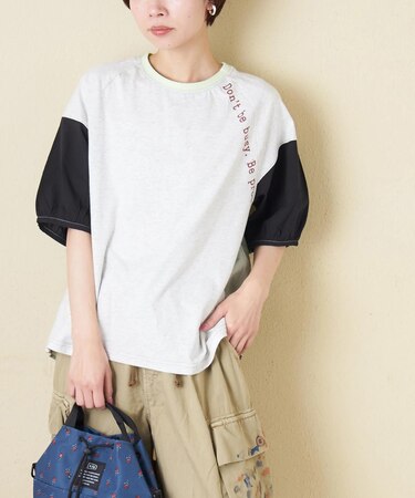 26/-天竺 × 布帛 パフスリーブ 6分袖 プルオーバー