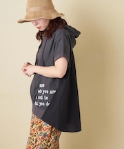 26/-天竺 × 布帛 フレンチスリーブ ビッグ プルオーバーパーカー