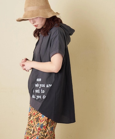 26/-天竺 × 布帛 フレンチスリーブ ビッグ プルオーバーパーカー