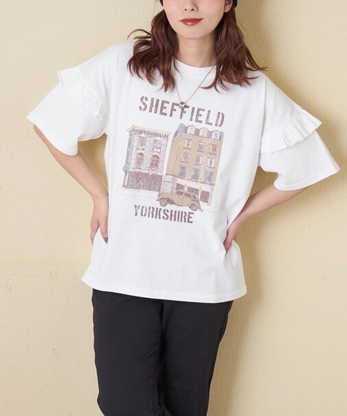 21/-OE天竺 パウダー加工 袖フリル Tシャツ