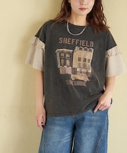 21/-OE天竺 パウダー加工 袖フリル Tシャツ