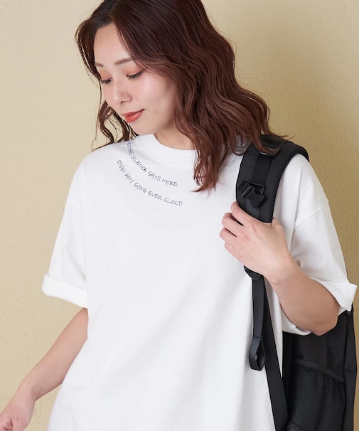 21/-OE天竺 パウダー加工 衿刺繍 Tシャツ