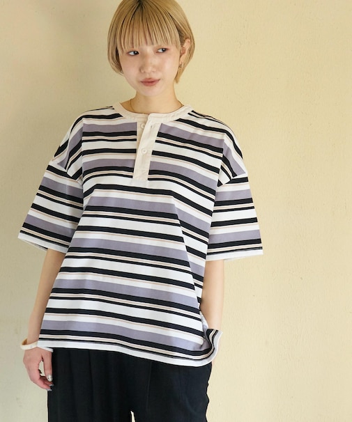 レトロボーダー 汗染み軽減 ヘンリーネック Tシャツ