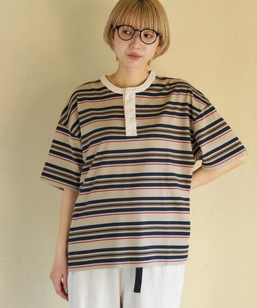 レトロボーダー 汗染み軽減 ヘンリーネック Tシャツ