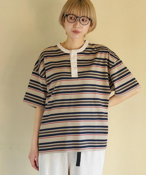 レトロボーダー 汗染み軽減 ヘンリーネック Tシャツ