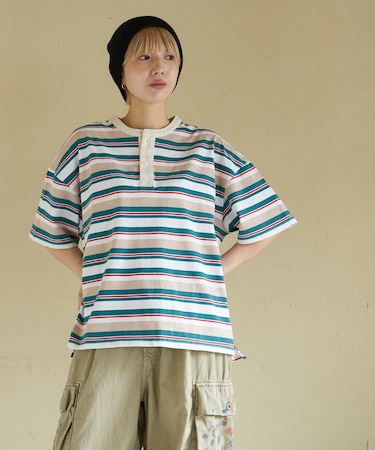 レトロボーダー 汗染み軽減 ヘンリーネック Tシャツ