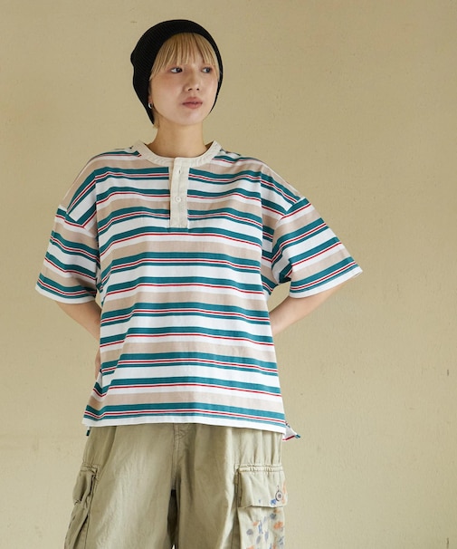 レトロボーダー 汗染み軽減 ヘンリーネック Tシャツ
