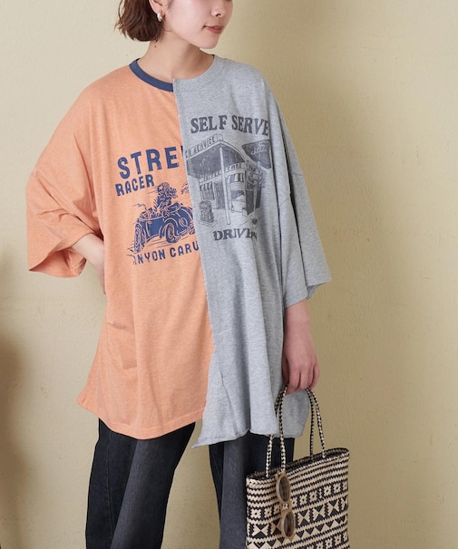 30/-TC天竺 片染 リメイク風 ビッグ Tシャツ