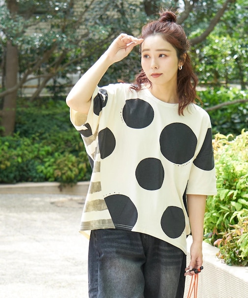 21/-OE天竺 ドット / ボーダー プリント 汗染み防止加工 Tシャツ
