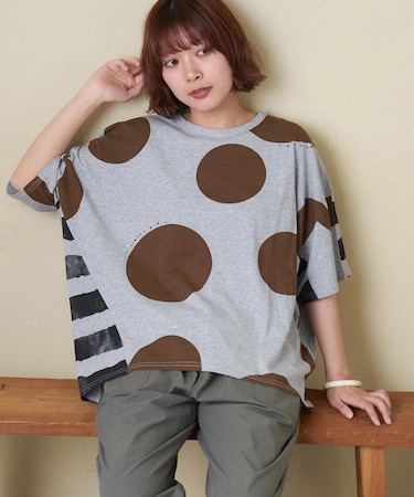 21/-OE天竺 ドット / ボーダー プリント 汗染み防止加工 Tシャツ