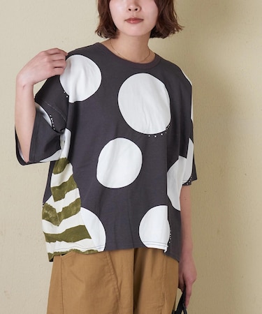 21/-OE天竺 ドット / ボーダー プリント 汗染み防止加工 Tシャツ