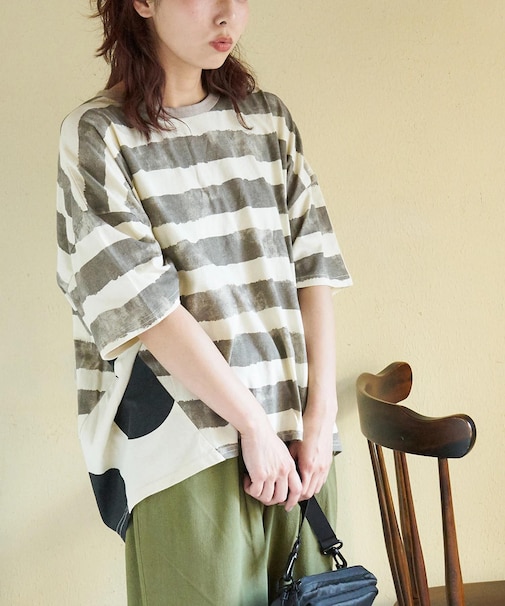21/-OE天竺 ボーダー / ドット プリント 汗染み防止加工 Tシャツ