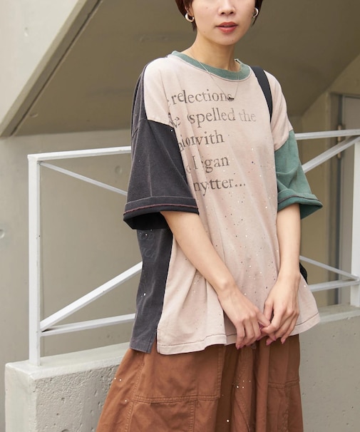 18/-トンプキン天竺 ケミカル加工 ペンキ飛ばし プリント Tシャツ