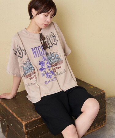18/-トンプキン天竺 ケミカル加工 リメイク風 切替 ヤッコ Tシャツ