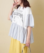 32/-スラブ天竺 リメイク風 切替 プルオーバー Tシャツ