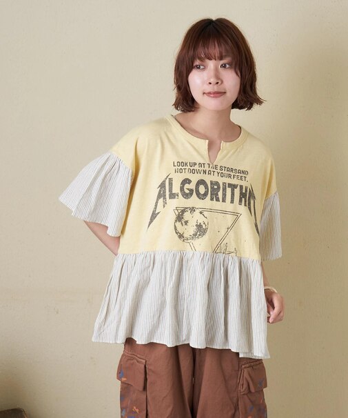 32/-スラブ天竺 リメイク風 切替 プルオーバー Tシャツ