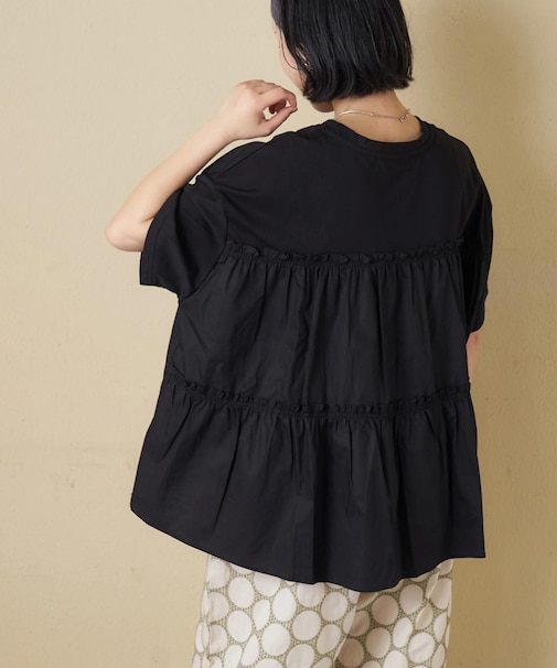 布帛切替 バックギャザー プルオーバー Tシャツ