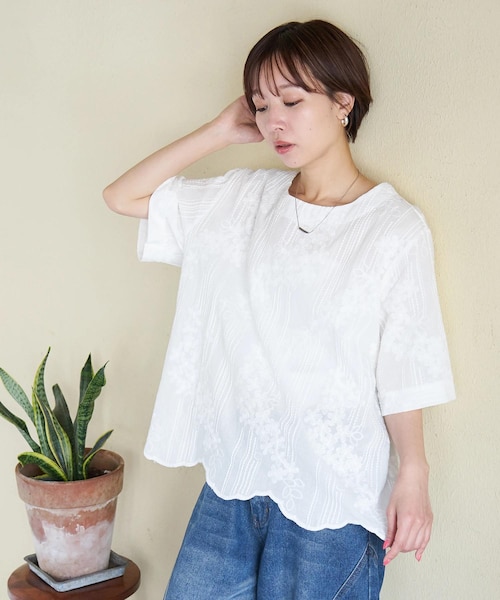 チューリップ総刺繍プルオーバーブラウス ☆SALE☆チューリップ刺繍ノーカラーブラウス（D108026）|Boribon