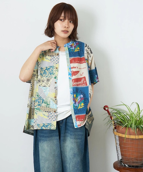 コットン ボイル 総柄 プリント スタンドカラー シャツ