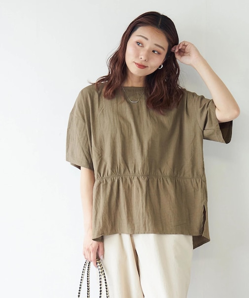 【再入荷】レーヨン × ナイロン ワッシャー ギャザー プルオーバー ブラウス