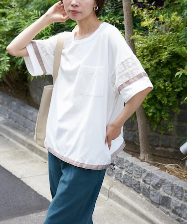 26/-OE天竺 レース 切替 ラグラン プルオーバー Tシャツ
