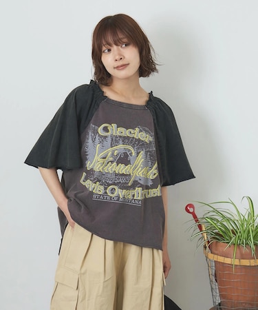 21/-OE天竺 パウダー加工 ベルスリーブ Tシャツ
