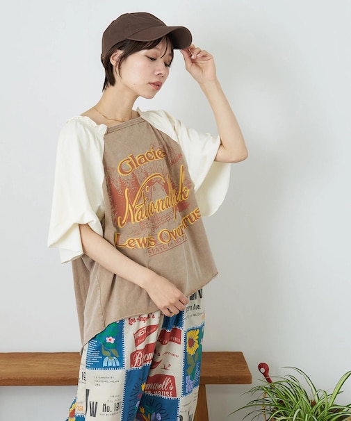 21/-OE天竺 パウダー加工 ベルスリーブ Tシャツ