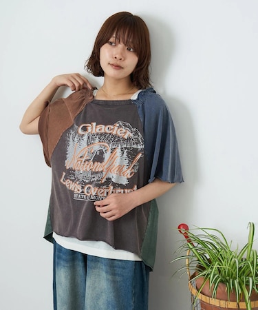 21/-OE天竺 パウダー加工 ベルスリーブ Tシャツ