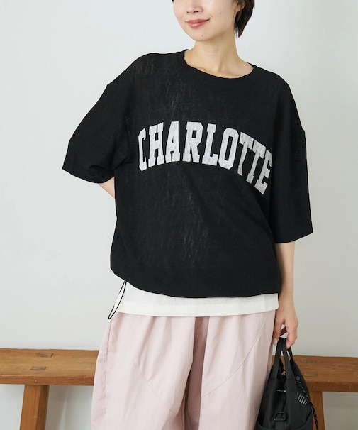 シアー リブ ロゴプリント プルオーバー Tシャツ