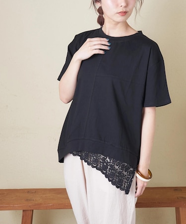 裾レース 変形 プルオーバー Tシャツ