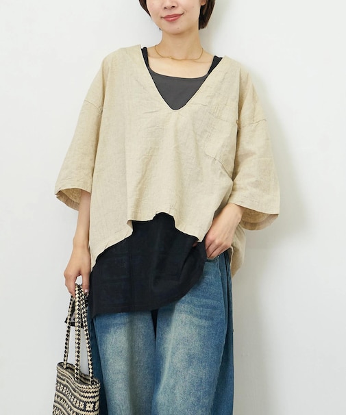 WEB限定 綿麻 Vネック プルオーバー シャツ