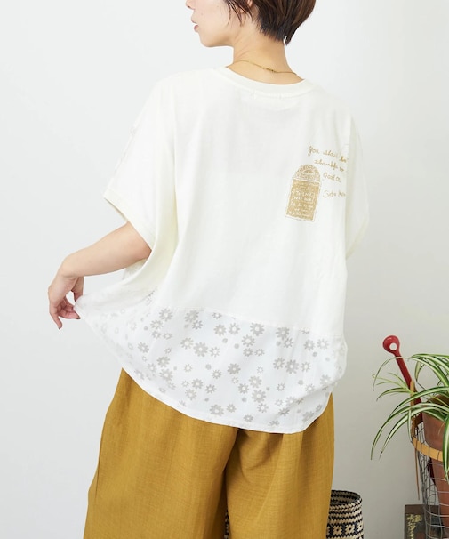 花柄オパール × カットソー 切替 ドルマン Tシャツ