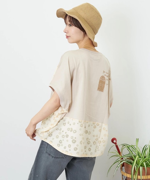 花柄オパール × カットソー 切替 ドルマン Tシャツ