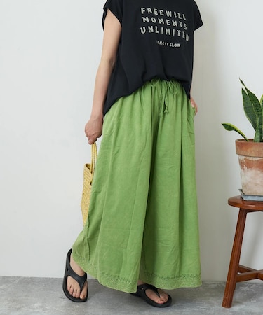 60sローン ケミカル加工 裾レース 切替 ギャザー パンツ