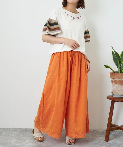 60sローン ケミカル加工 裾レース 切替 ギャザー パンツ