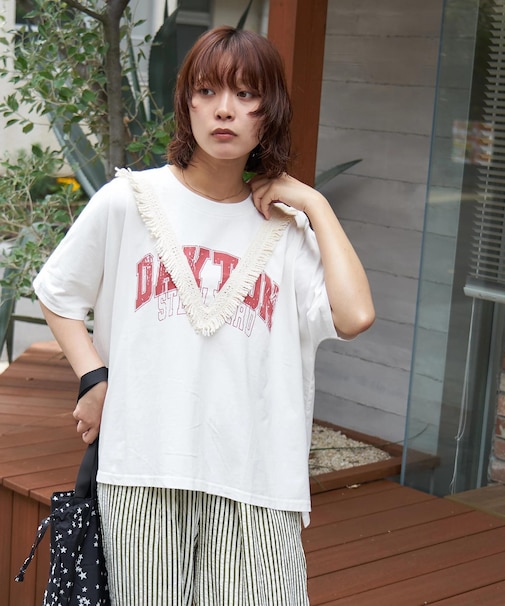 26/-天竺 カットソー フリンジ付 ヤッコ Tシャツ