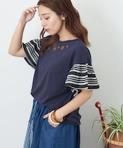 32/-OE天竺 カットソー 異素材 ベルスリーブ 胸刺繍 Tシャツ